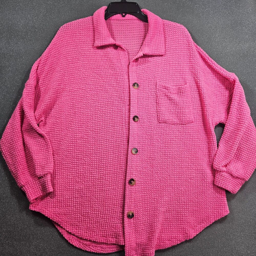 Hot Pink Waffle Knit Shacket Button Front Oversized Pocket Top